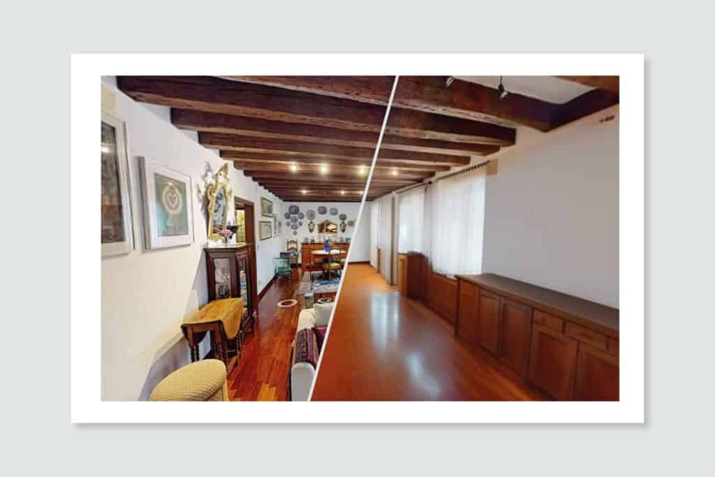 Ampia sala storica veneziana con arredi d'epoca e soffitti in legno, perfetta per visite virtuali a.